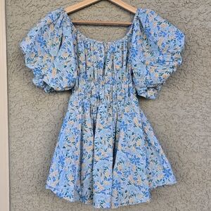 Altar'd State Blue Floral Puff Sleeve Mini Dress